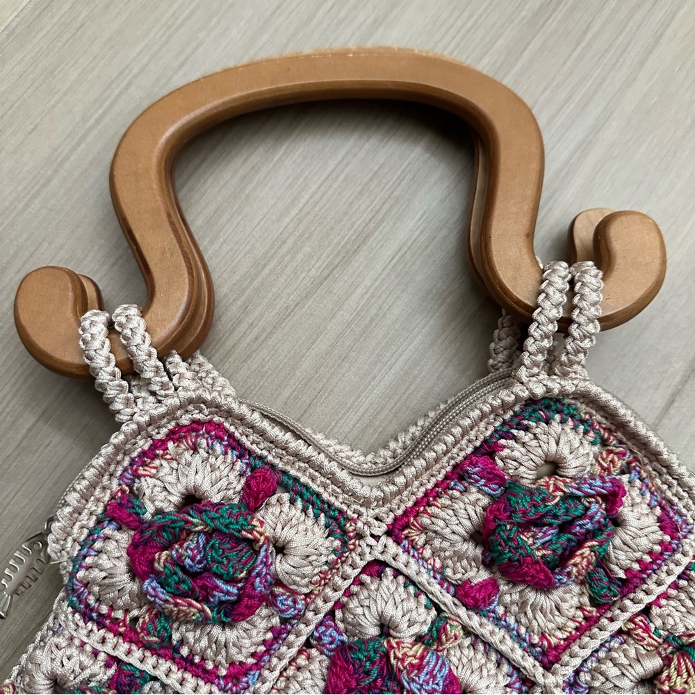 Ricardo Beverly Hills Handbag Woven W/ Wood Handles Lined Zip Floral Purse RARE - Picture 5 of 16